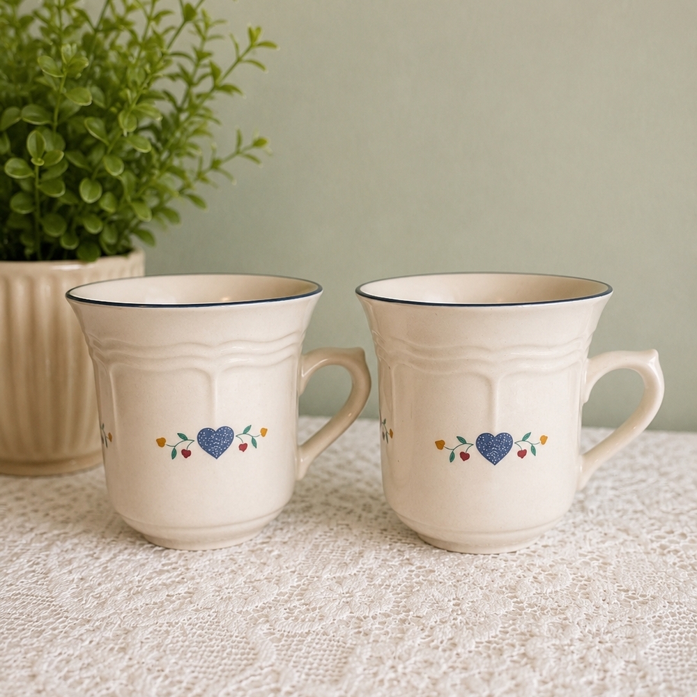 Cream Heart Pattern Ceramic Mugs - Set of 2